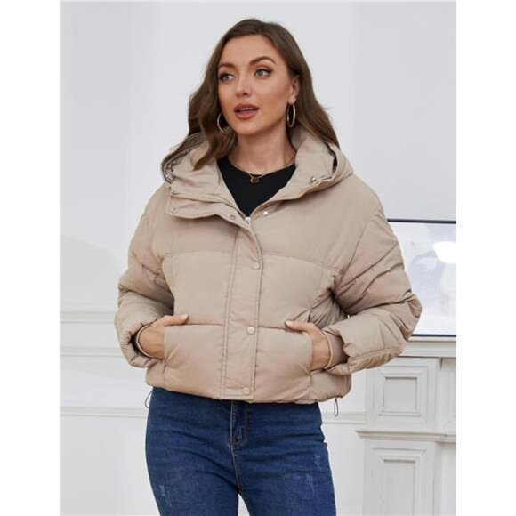 Womens Cropped Puffer Jacket Hooded Zip Up Khaki - Picture 5 of 6